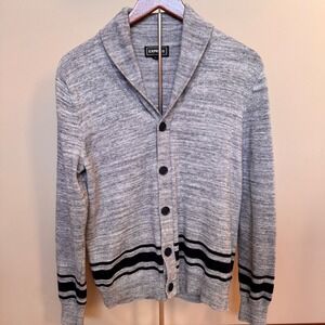 Express Men Shawl Collar Cardigan Sweater Heather Gray Black Stripe Trim Size M